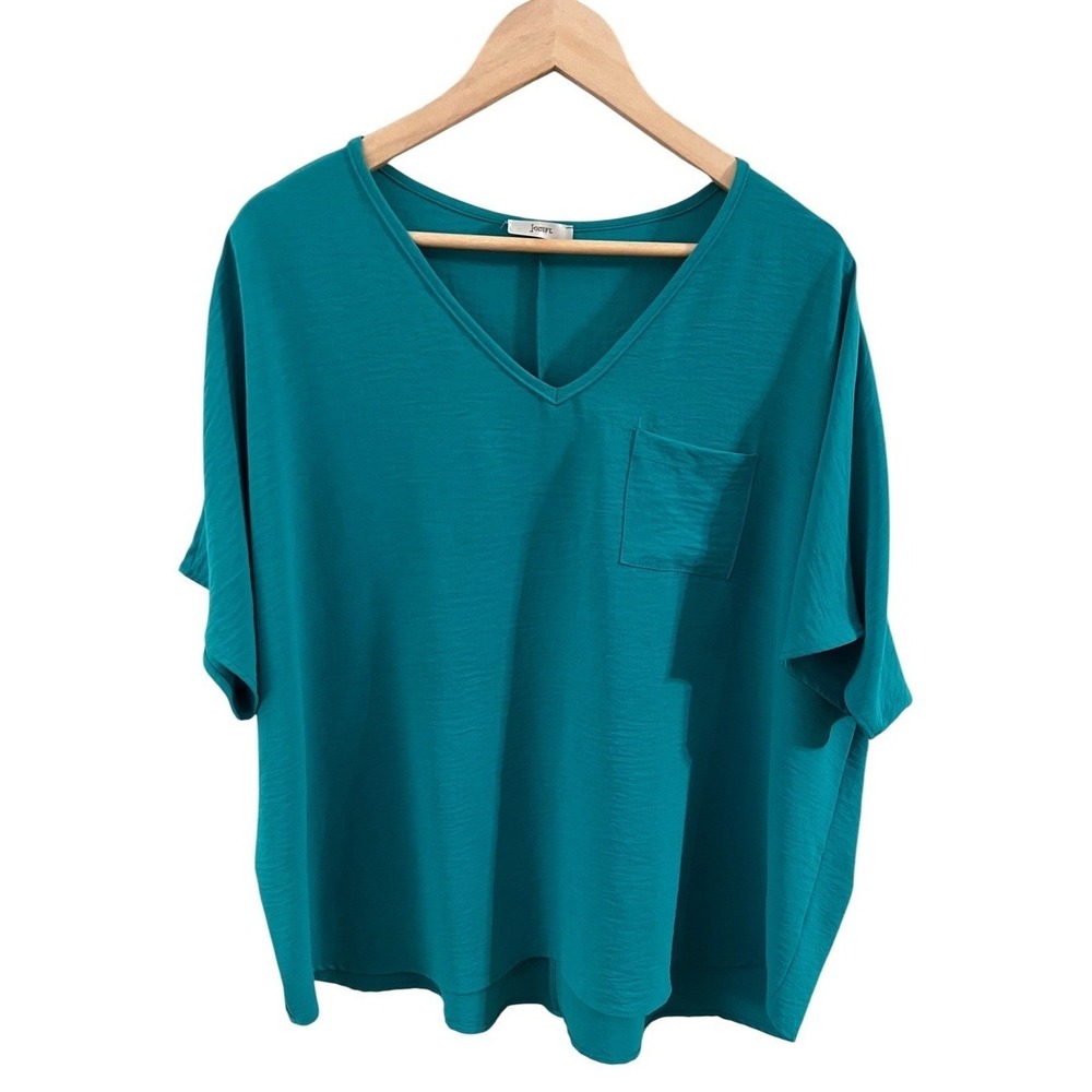 Jodifl V-Neck Dolman Top Women Bright Green Short Sleeve Pocket‎ Oversized Nice!